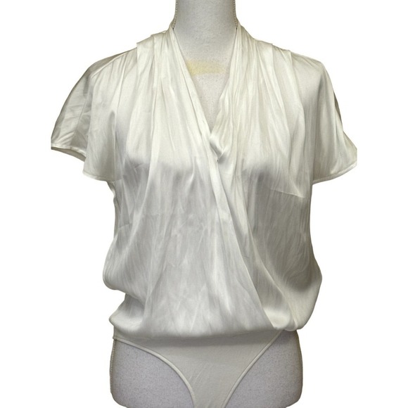 NWT Paige Dijon thong bodysuit, white, extra small, draped mock wrap front - Picture 5 of 13